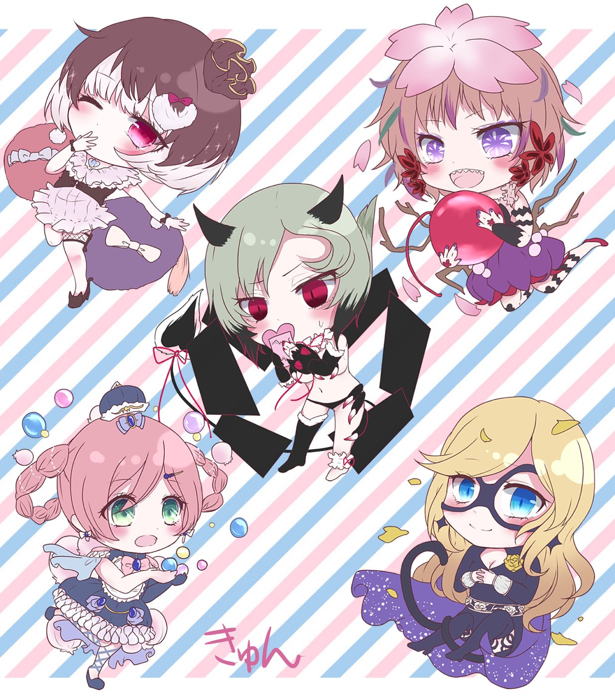 5girls blue_eyes bluebell_candy blush bodysuit branch bubble candy cape chibi cushion domino_mask dress flower food fukuroi_marika green_eyes hair_flower hair_ornament highres horns kyun_(vacaloid) magical_girl mahou_shoujo_ikusei_keikaku mahou_shoujo_ikusei_keikaku_jokers mahou_shoujo_ikusei_keikaku_limited mahou_shoujo_ikusei_keikaku_restart maou_pam mask masked_wonder multicolored_hair multiple_girls one_eye_closed petals red_eyes sharp_teeth short_hair skirt striped striped_background styler_mimi tail teeth two-tone_hair violet_eyes