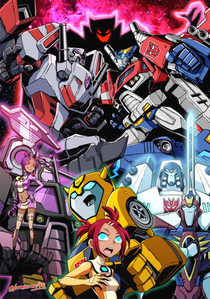 2girls 6+boys android autobot blue_eyes boots bumblebee cannon dark_persona dark_skin decepticon dress dual_persona glowing glowing_eyes glowing_sword glowing_weapon hair_ornament hairclip headgear holding holding_weapon humanoid_robot insignia kamizono_(spookyhouse) looking_at_viewer machine machinery mecha megatron multiple_boys multiple_girls no_humans open_mouth optimus_prime personification red_eyes redhead robot sari_sumdac short_hair short_twintails sky_garry smile sword transformers transformers_animated transformers_shattered_glass twintails twitter_username uniform weapon