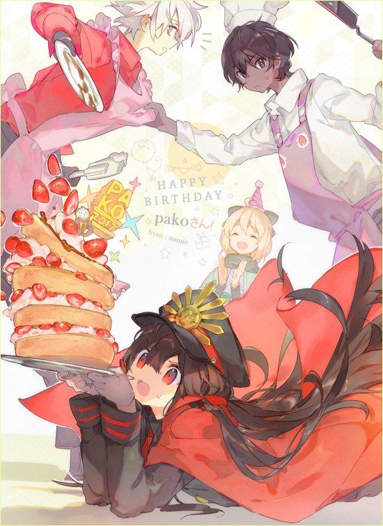 2boys 2girls apron arjuna_(fate/grand_order) black_hair blush cake closed_eyes dark_skin dark_skinned_male demon_archer fate/apocrypha fate/grand_order fate_(series) food gloves hat japanese_clothes karna_(fate) kimono koha-ace lion long_hair multiple_boys multiple_girls namie-kun open_mouth pale_skin red_eyes sakura_saber short_hair smile thomas_edison_(fate/grand_order) white_hair