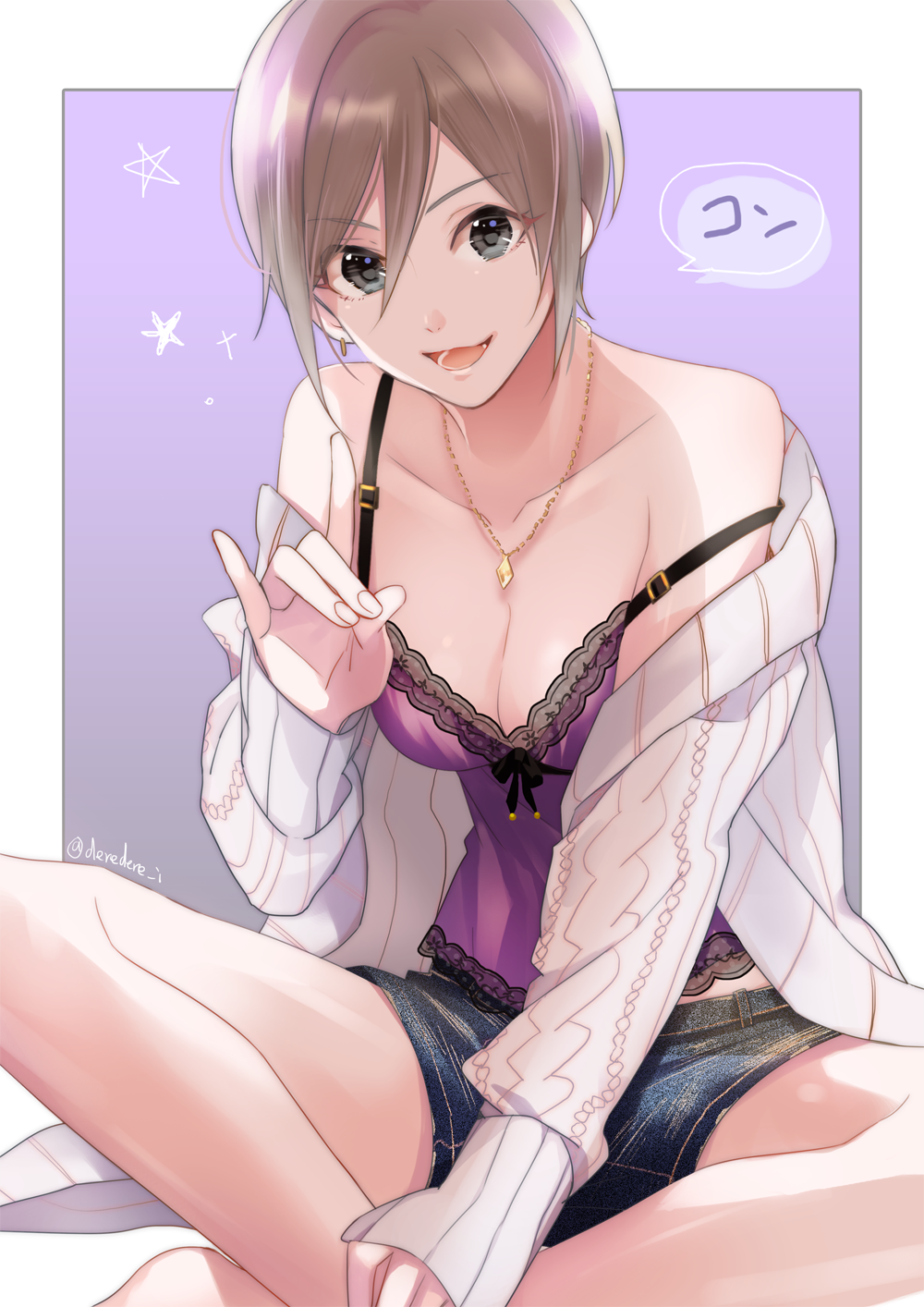 1girl :3 :d aran_sweater artist_name breasts camisole collarbone denim denim_shorts deredere_i earrings eyebrows_visible_through_hair eyes_visible_through_hair fox_shadow_puppet grey_eyes hair_between_eyes highres idolmaster idolmaster_cinderella_girls indian_style jacket jewelry looking_at_viewer medium_breasts necklace off_shoulder open_mouth pendant shiomi_shuuko short_hair short_shorts shorts silver_hair sitting sleeves_past_wrists smile solo strap_slip sweater twitter_username