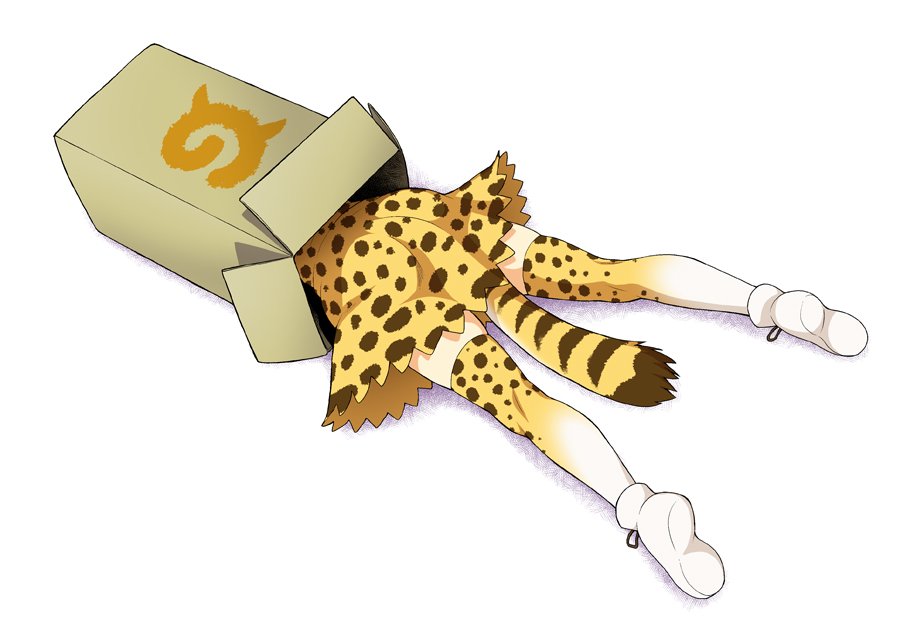 1girl box cardboard_box cat_tail from_above high-waist_skirt in_box in_container japari_symbol kemono_friends kouda_tomohiro koudatomohiro lying multicolored multicolored_clothes multicolored_legwear on_stomach serval_(kemono_friends) serval_print serval_tail shoe_soles shoes simple_background skirt socks solo tail thigh-highs white_shoes yellow_background zettai_ryouiki