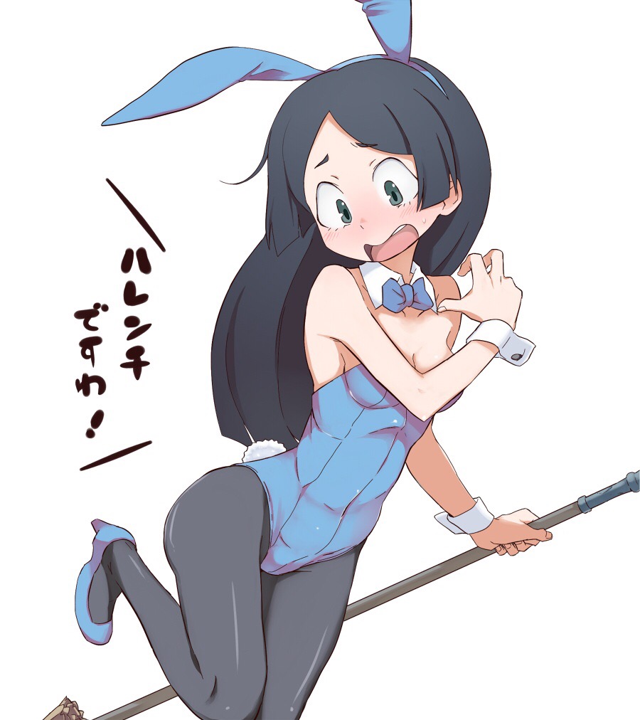 1girl akita animal_ears barbara_(little_witch_academia) bare_shoulders black_eyes black_hair blush bow bowtie broom bunny_girl bunny_tail bunnysuit detached_collar embarrassed fake_animal_ears high_heels leotard little_witch_academia long_hair multiple_girls open_mouth pantyhose rabbit_ears simple_background solo tail white_background wrist_cuffs