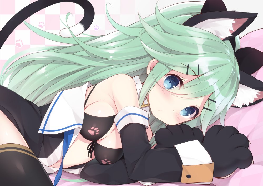 1girl animal_ears black_bra blue_eyes blush bow bra cat_ears cat_tail checkered checkered_background commentary_request detached_sleeves gloves green_hair hair_bow hair_ornament hairclip kantai_collection long_hair looking_at_viewer lying open_clothes open_shirt paw_gloves paw_print paws shirt solo tail underwear watanohara yamakaze_(kantai_collection)