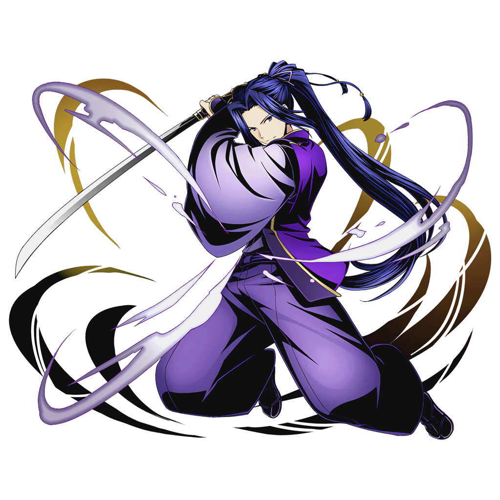 1boy assassin_(fate/stay_night) blue_hair divine_gate fate/stay_night fate_(series) full_body grey_ribbon hair_ribbon high_ponytail holding holding_sword holding_weapon japanese_clothes katana long_hair looking_at_viewer official_art ribbon smile solo sword transparent_background ucmm very_long_hair violet_eyes weapon