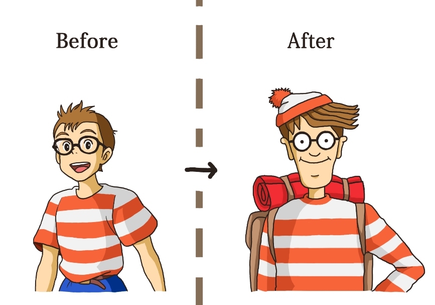2boys backpack bag before_and_after black-framed_eyewear brown_hair comparison crossover english glasses hat krrn majo_no_takkyuubin male_focus multiple_boys older open_mouth parody revision shirt smile striped striped_shirt teeth tombo wally where's_wally