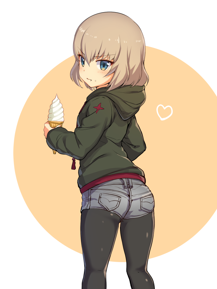 1girl ass black_legwear blue_eyes blush brown_hair denim_shorts eyebrows_visible_through_hair fang food food_on_face from_behind girls_und_panzer heart ice_cream ikomochi katyusha looking_at_viewer looking_back pantyhose short_hair shorts solo