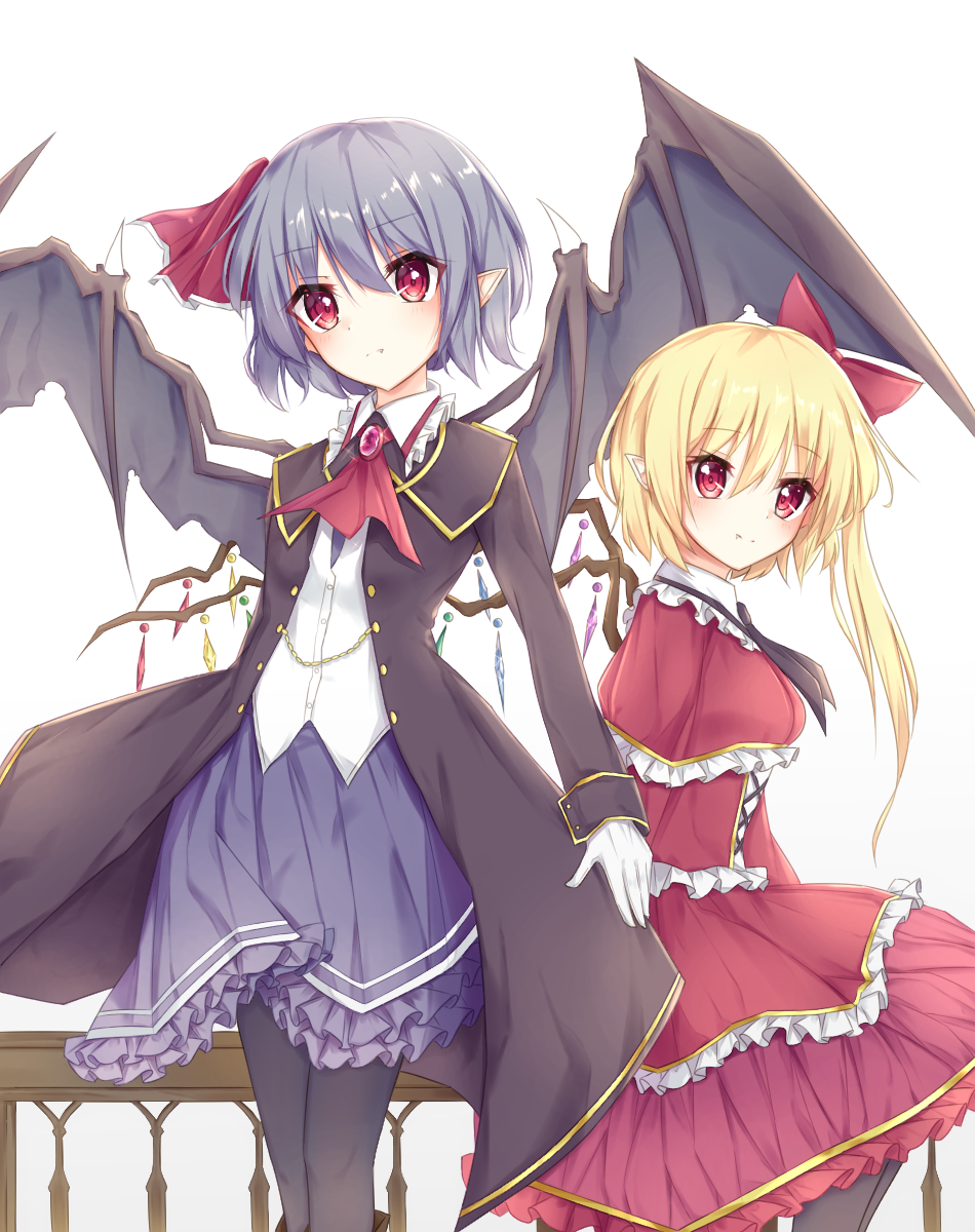 2girls alternate_costume alternate_headwear ascot banister bat_wings black_ascot black_legwear blouse blush bow brooch coat collared_dress crystal dress eyebrows_visible_through_hair fang_out flandre_scarlet formal frilled_dress frilled_skirt frills gloves highres jewelry lavender_hair lavender_skirt long_coat long_sleeves looking_at_viewer meuneyu multiple_girls no_hat no_headwear open_clothes open_coat pantyhose pointy_ears red_ascot red_bow red_dress red_eyes red_ribbon remilia_scarlet ribbon short_hair siblings side_ponytail sisters sitting skirt sleeve_cuffs smile touhou white_background white_blouse white_gloves wings