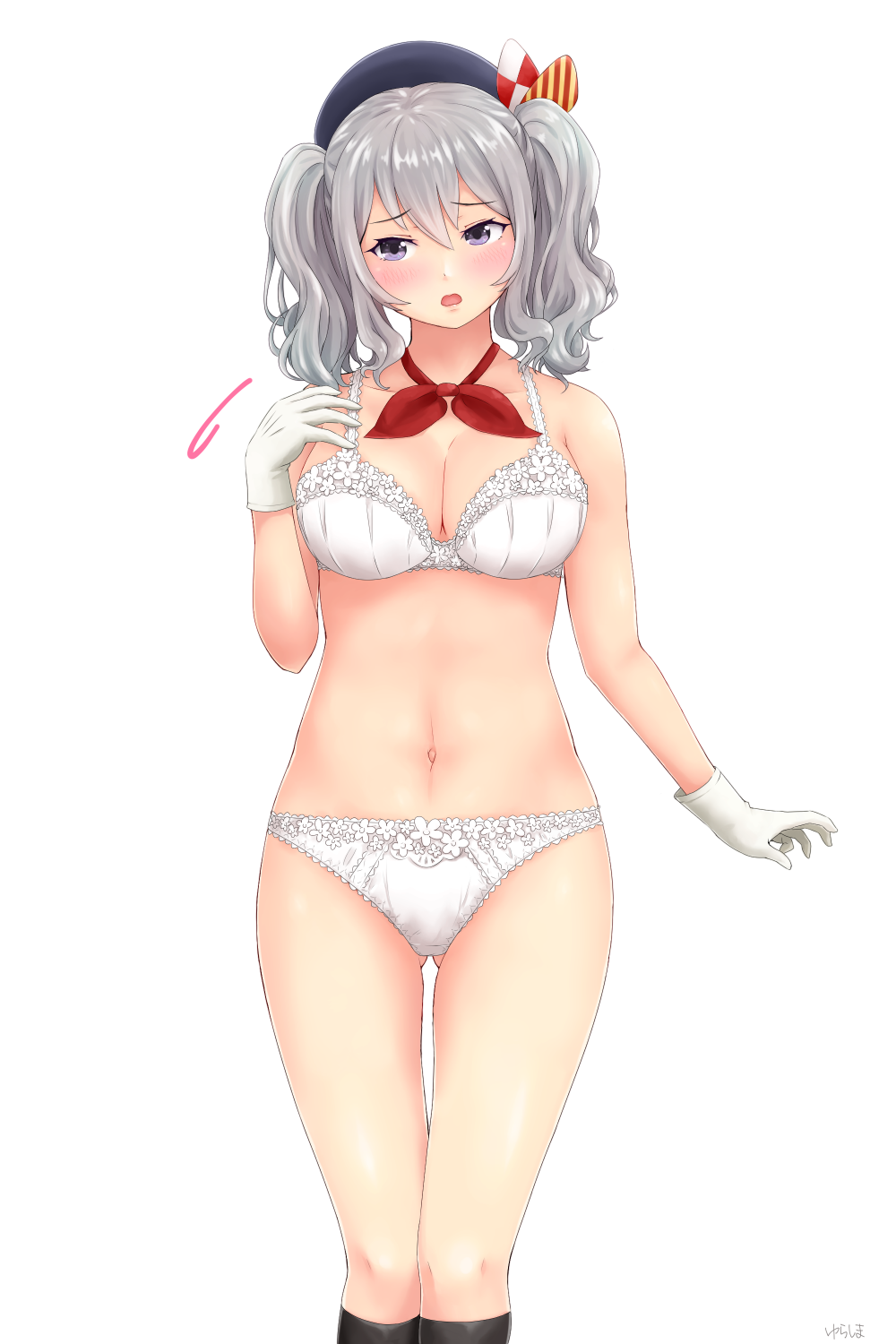 1girl artist_name bangs blush bra breasts cleavage eyebrows_visible_through_hair gloves gluteal_fold hair_between_eyes hand_on_own_chest hand_up highres kantai_collection kashima_(kantai_collection) lace lace-trimmed_bra lace-trimmed_panties large_breasts looking_to_the_side navel neckerchief open_mouth panties signature silver_hair simple_background solo standing twintails underwear underwear_only violet_eyes wavy_hair white_background white_bra white_gloves white_panties yurashima