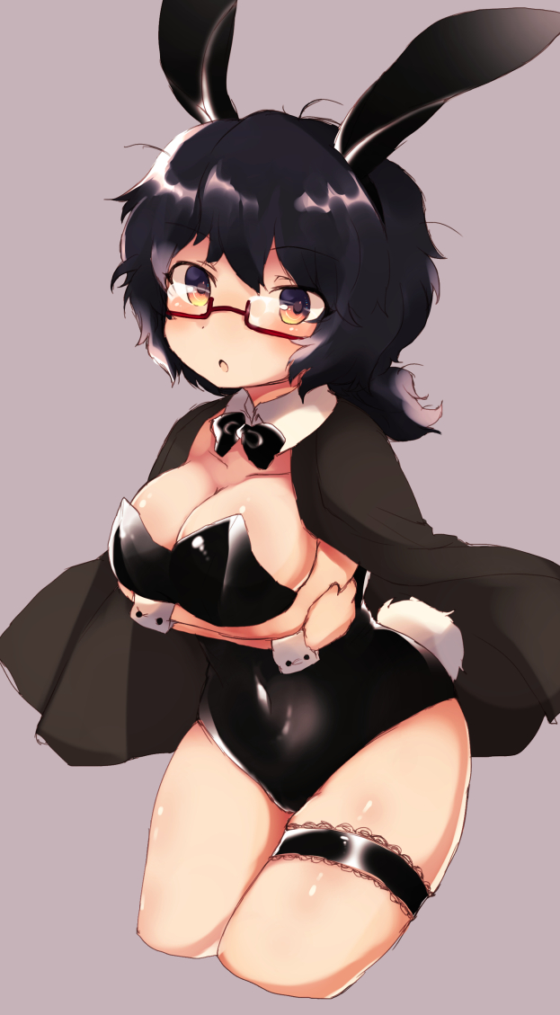 1girl animal_ears bangs black_bow black_bowtie black_eyes black_hair black_leotard bow bowtie breast_hold breasts bunny_tail bunnysuit cleavage cowboy_shot cropped_legs crossed_arms detached_collar fake_animal_ears fake_tail garters girls_und_panzer glasses grey_background haori japanese_clothes large_breasts leotard looking_at_viewer messy_hair oryou_(girls_und_panzer) parted_lips rabbit_ears red-framed_eyewear semi-rimless_glasses short_hair short_ponytail simple_background sketch solo standing strapless strapless_leotard tail toyosu_toyosu under-rim_glasses wrist_cuffs