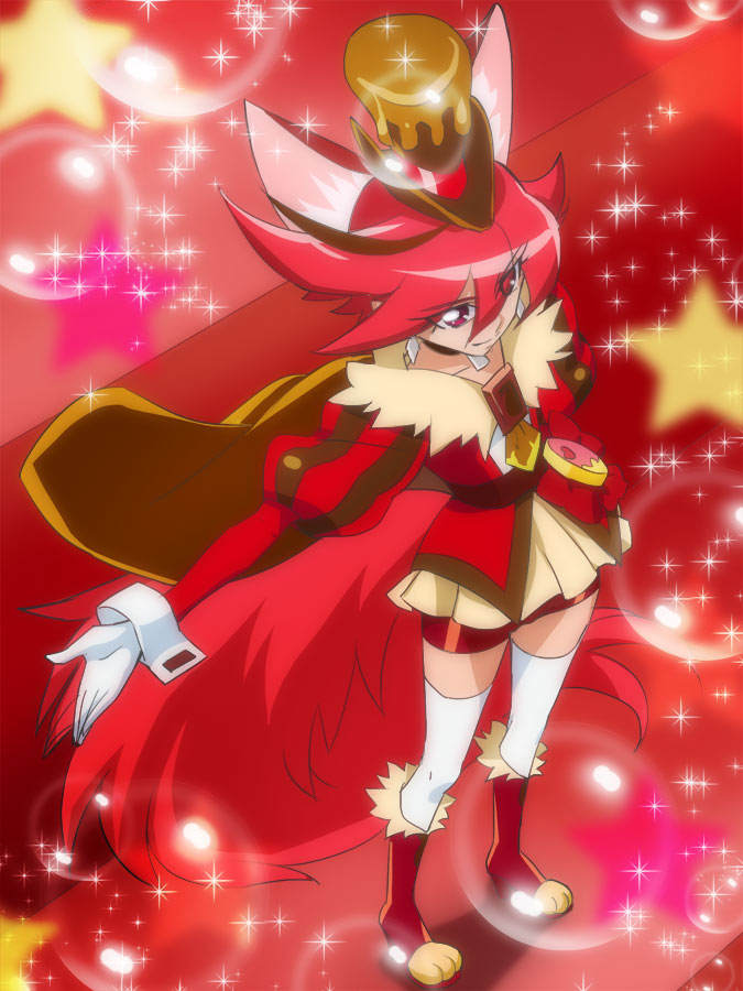 1girl animal_ears cure_chocolat dog_ears dog_tail earrings extra_ears from_above haruyama_kazunori hat jewelry kenjou_akira kirakira_precure_a_la_mode magical_girl outstretched_arm precure red_background red_eyes redhead short_hair skirt solo standing star tail thigh-highs white_legwear