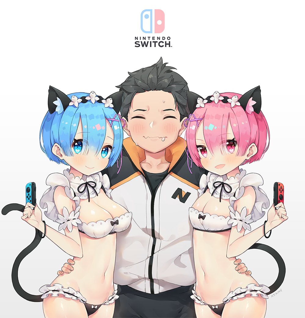 1boy 2girls animal_ears arm_garter artist_name ayami_(annahibi) bangs bare_shoulders black_bow black_hair black_panties black_pants black_ribbon black_shirt blue_eyes blue_hair blunt_bangs blush bow bow_panties breasts cat_ears cat_tail cleavage closed_eyes closed_mouth collar collarbone commentary commentary_request controller copyright_name cowboy_shot detached_collar detached_sleeves drooling eyebrows_visible_through_hair eyes_visible_through_hair fingernails flower frilled_collar frilled_panties frills game_console groin hair_flower hair_ornament hair_over_one_eye hand_on_another's_hip hand_up happy holding jacket joy-con kemonomimi_mode legs_together looking_at_viewer maid maid_headdress medium_breasts midriff multiple_girls natsuki_subaru navel nintendo_switch open_collar open_mouth panties pants pink_eyes pink_hair pink_ribbon purple_ribbon ram_(re:zero) re:zero_kara_hajimeru_isekai_seikatsu rem_(re:zero) ribbon ribbon-trimmed_clothes ribbon_trim shiny shiny_hair shirt short_hair simple_background small_breasts smile sweatdrop tail track_jacket underbust underwear white_background white_bow wrist_straps x_hair_ornament