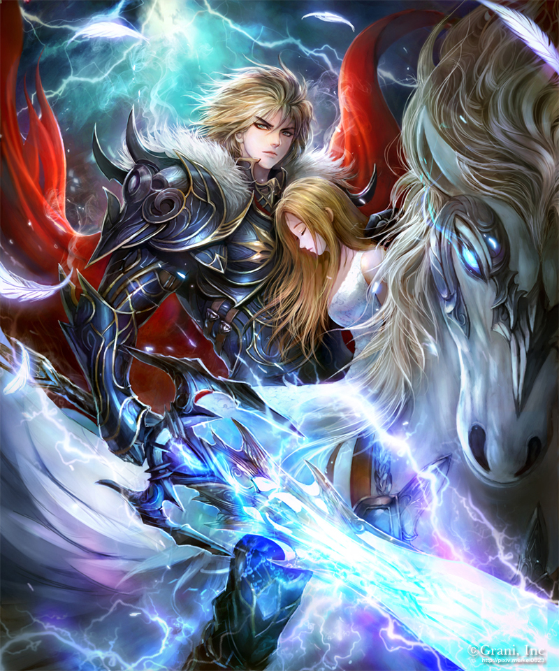 1boy 1girl armor blonde_hair brown_hair cape closed_eyes electricity feathers gauntlets glowing glowing_sword glowing_weapon holding holding_sword holding_weapon kei1115 long_hair looking_at_viewer pegasus red_cape riding shingoku_no_valhalla_gate sword watermark weapon
