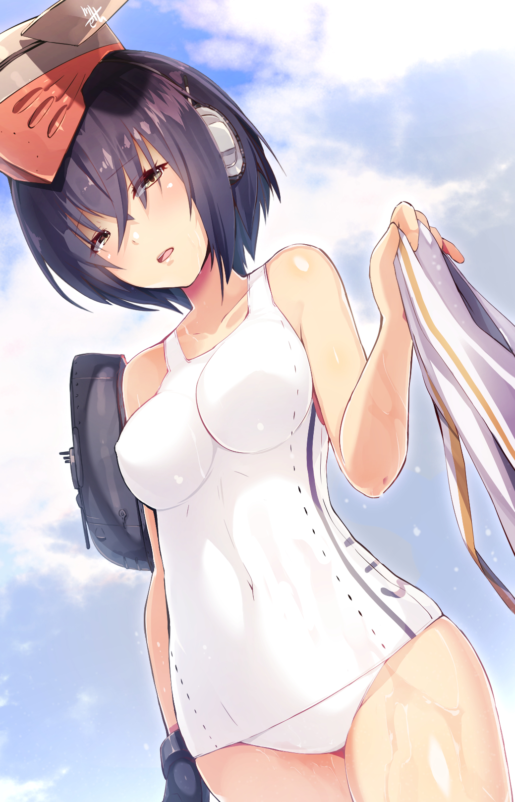 1girl alternate_color_school_swimsuit arm_at_side asymmetrical_hair bare_shoulders black_gloves black_hair blue_hair blue_swimsuit blush breasts brown_eyes clouds collarbone covered_navel cowboy_shot day dutch_angle erect_nipples from_below gloves hair_between_eyes hat headgear headphones highres i-13_(kantai_collection) kantai_collection lips looking_at_viewer looking_down medium_breasts meth_(emethmeth) one-piece_swimsuit outdoors parted_lips partly_fingerless_gloves sailor_collar school_swimsuit school_uniform serafuku shirt_removed short_hair single_glove sky solo swimsuit thighs tsurime wet white_school_swimsuit white_swimsuit
