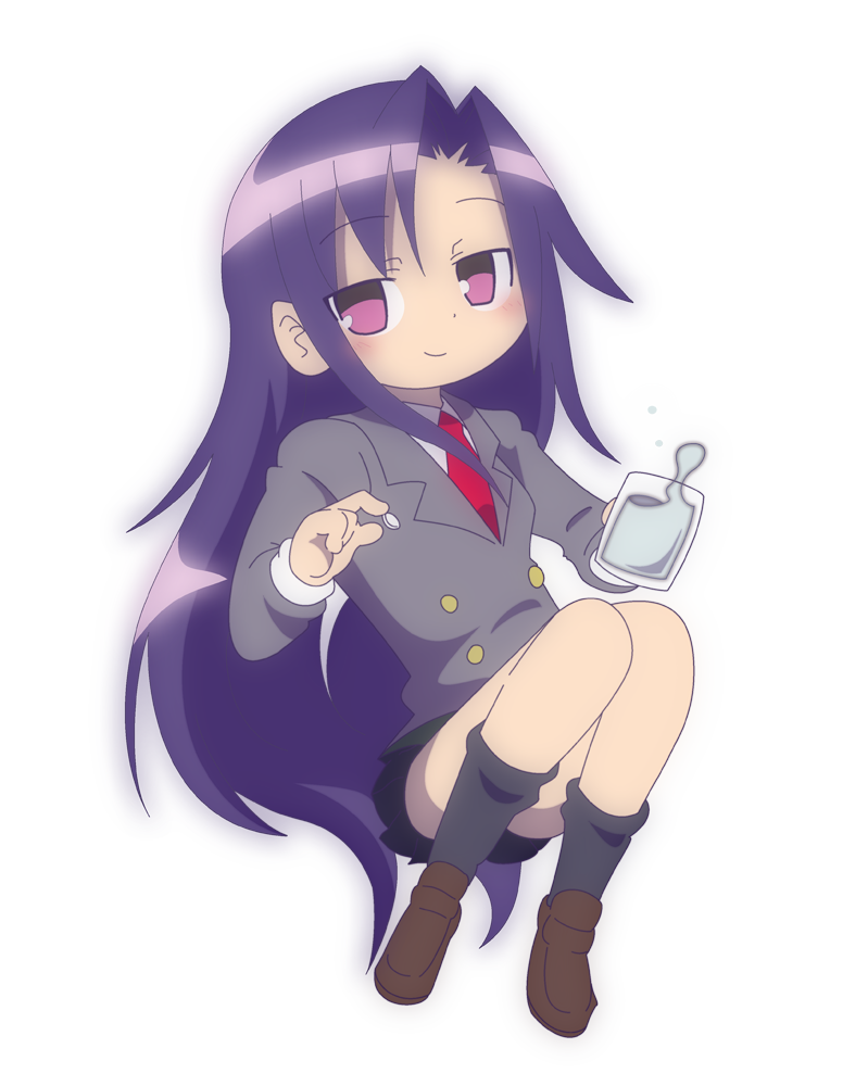 1girl batzip blue_hair blush eyebrows_visible_through_hair glass goshiki_agiri holding_glass kill_me_baby long_hair long_sleeves looking_away necktie pill red_necktie school_uniform smile solo violet_eyes water