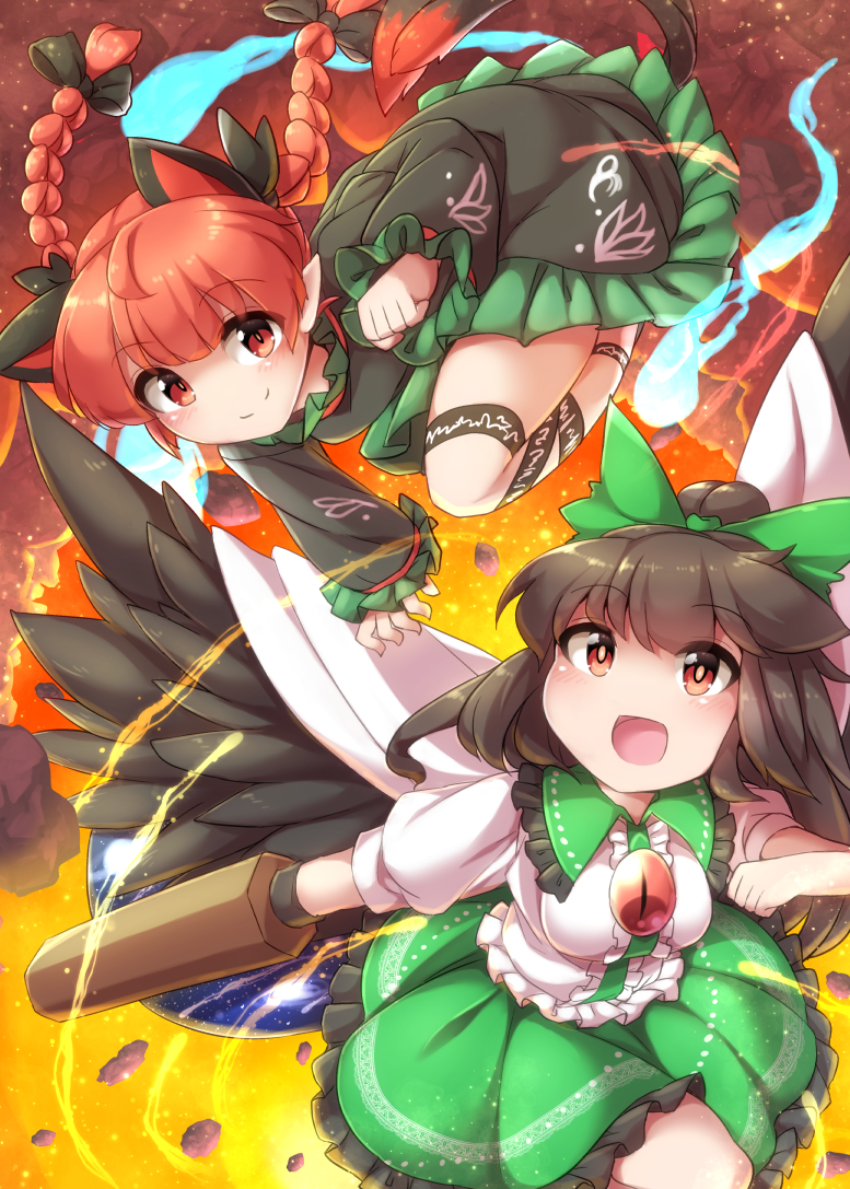 2girls :d animal_ears arm_cannon bangs bird_wings black_bow black_hair black_wings blunt_bangs bow braid cape cat_ears cat_tail clenched_hand collared_shirt dress extra_ears eyeball eyebrows_visible_through_hair feathered_wings fire floating floral_print frilled_dress frilled_shirt_collar frilled_skirt frilled_sleeves frills fun_bo green_bow green_dress green_skirt hair_bow hitodama kaenbyou_rin leg_ribbon long_hair long_sleeves looking_at_viewer multiple_girls multiple_tails nekomata no_nose open_mouth outstretched_arm pointy_ears ponytail puffy_short_sleeves puffy_sleeves red_eyes redhead reiuji_utsuho ribbon shirt short_sleeves skirt slit_pupil smile tail third_eye touhou twin_braids two_tails underground weapon white_shirt wings
