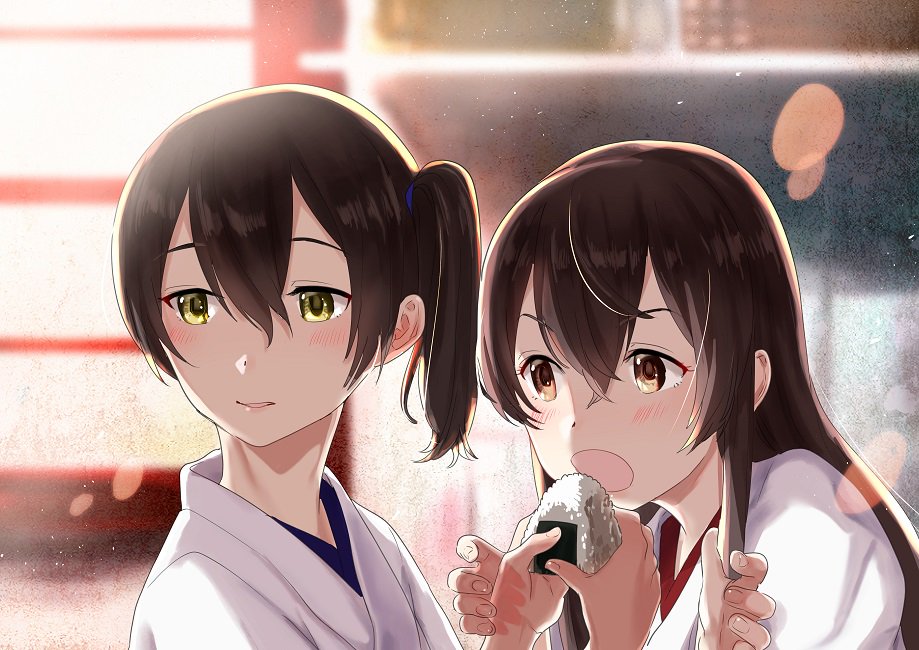 2girls akagi_(kantai_collection) check_commentary commentary commentary_request food kaga_(kantai_collection) long_hair multiple_girls onigiri open_mouth side_ponytail sneaking tachikoma_(mousou_teikoku)