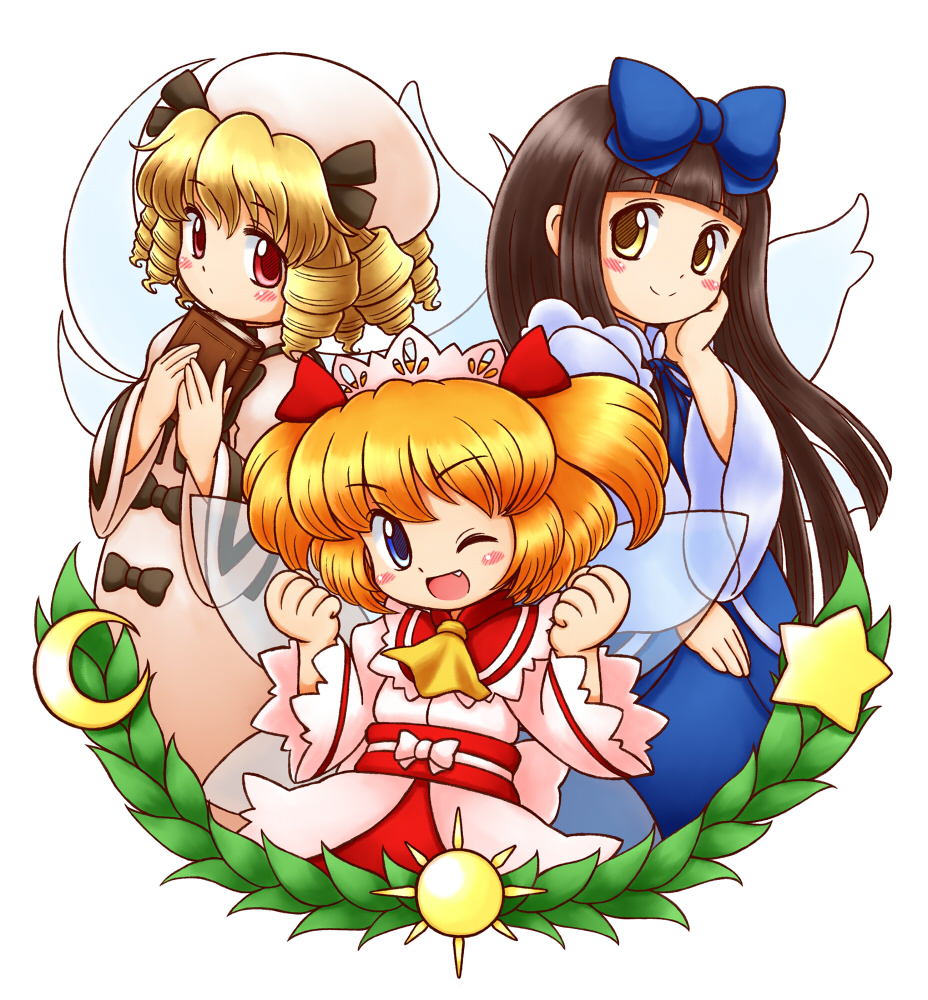 3girls ;d ascot bangs black_bow blonde_hair blue_bow blue_dress blue_eyes blunt_bangs blush_stickers book bow brown_hair clenched_hands closed_mouth collared_dress commentary_request cowboy_shot crescent dress drill_hair fairy_wings fang flat_chest hair_bow hand_on_own_cheek hat headdress holding holding_book laurels long_hair long_sleeves looking_at_viewer luna_child multiple_girls nitamago one_eye_closed open_mouth orange_hair red_eyes sash short_hair simple_background smile star star_sapphire sun_(symbol) sunny_milk touhou two_side_up white_background white_dress white_hat wide_sleeves wings yellow_ascot yellow_eyes