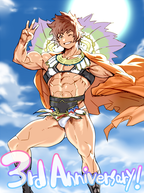 1boy abs anniversary biceps blue_dress boots brown_hair cape clouds cross-laced_footwear dress gran_(granblue_fantasy) granblue_fantasy grin lace-up_boots mabataki male_focus muscle orange_cape short_hair smile solo sun thighs wrestler wrestler_(granblue_fantasy) yellow_eyes