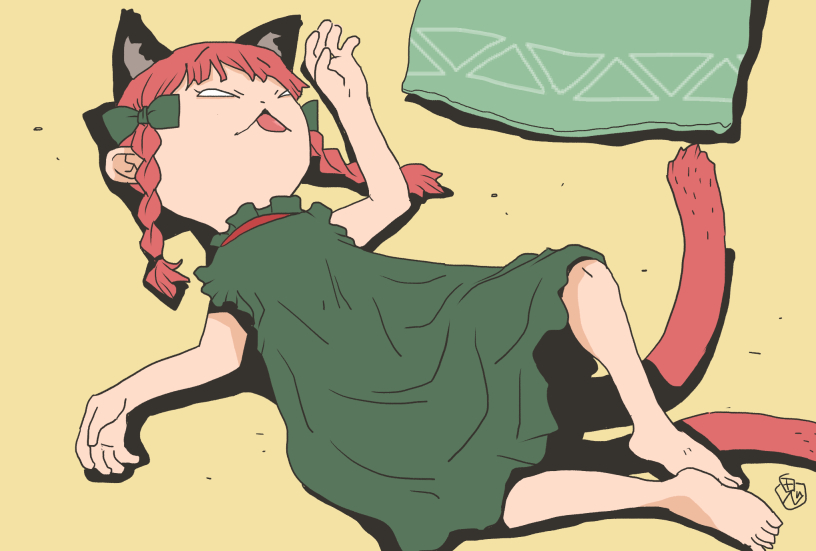 1girl :&lt; adapted_costume animal_ears arm_up artist_logo bangs bare_arms bare_shoulders barefoot bow braid cat_ears cat_girl cat_tail closed_mouth cushion dress extra_ears facing_viewer frilled_dress frills full_body green_bow green_dress hair_bow hand_up indoors kaenbyou_rin knee_up lying medium_hair multiple_tails nekomata on_back on_floor onikobe_rin redhead signature silhouette sleeping sleeping_with_eyes_open sleeveless sleeveless_dress solo tail tongue tongue_out touhou twin_braids two_tails yellow_background zabuton