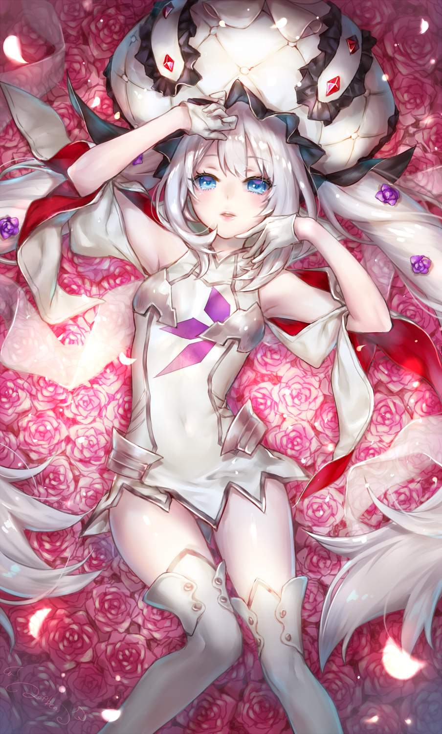 1girl blue_eyes breastplate dress fate/grand_order fate_(series) flower gem gloves hand_on_own_forehead hands_up hat highres lma long_hair looking_at_viewer lying marie_antoinette_(fate/grand_order) on_back open_mouth petals rose silver_hair sleeveless smile solo thigh-highs twintails white_dress white_gloves white_legwear zettai_ryouiki