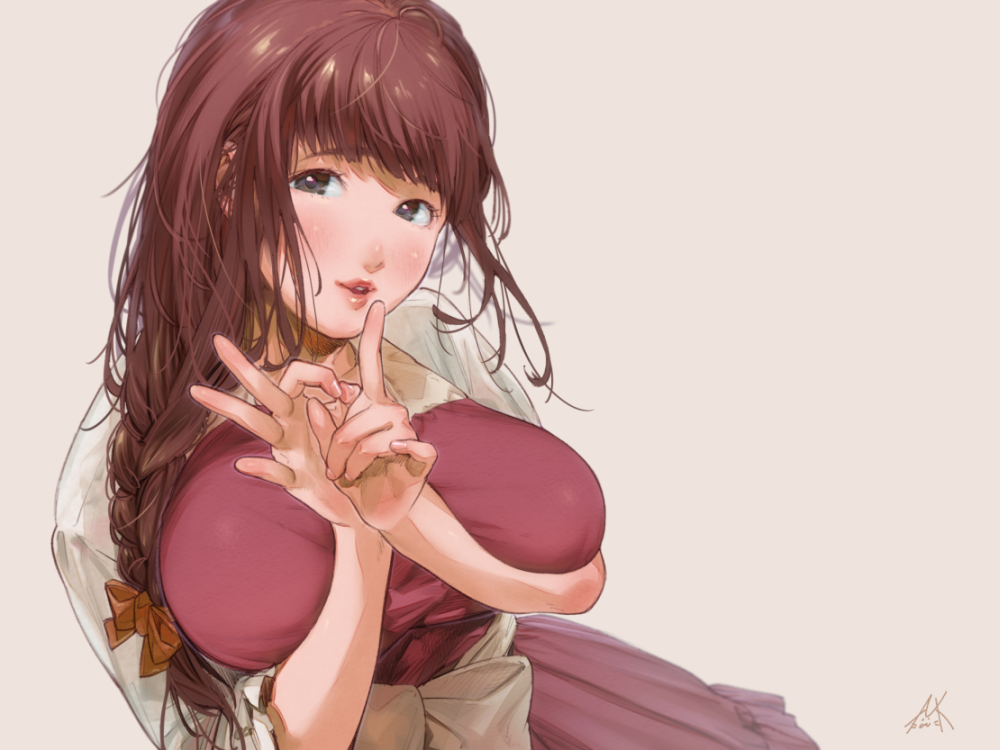 1girl \m/ artist_name bangs blush bow braid breast_hold breast_press breasts brown_eyes brown_hair commentary_request dress hair_bow hair_ornament hand_gesture kamiyama_aya large_bow large_breasts lips long_hair looking_at_viewer messy_hair ok_sign orange_bow original parted_lips red_dress sash simple_background single_braid solo upper_body white_bow