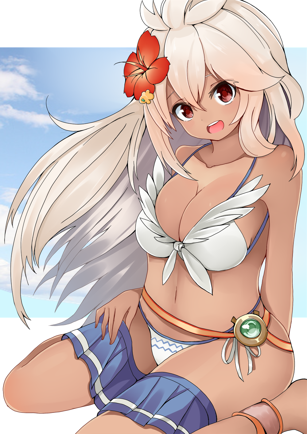 1girl :o amulet anklet arm_behind_back bangs bare_arms bare_shoulders barefoot belt bikini blonde_hair blue_skirt blue_sky breasts cleavage clouds cloudy_sky collarbone dark_skin eyes_visible_through_hair flower front-tie_bikini front-tie_top gem granblue_fantasy hair_between_eyes hair_flower hair_ornament hand_on_own_thigh hand_on_thigh happy hibiscus hidaka0503 highres jewelry large_breasts light_brown_hair long_hair looking_at_viewer microskirt navel open_mouth outside_border parted_bangs pleated_skirt pointy_hair print_bikini raised_eyebrows red_eyes red_flower ribbon side-tie_bikini sideboob sitting skirt skirt_down skirt_pull sky smile solo stomach strap string_bikini striped striped_skirt swimsuit teeth the_order_grande thighs undressing wariza white_bikini white_border wind wind_lift