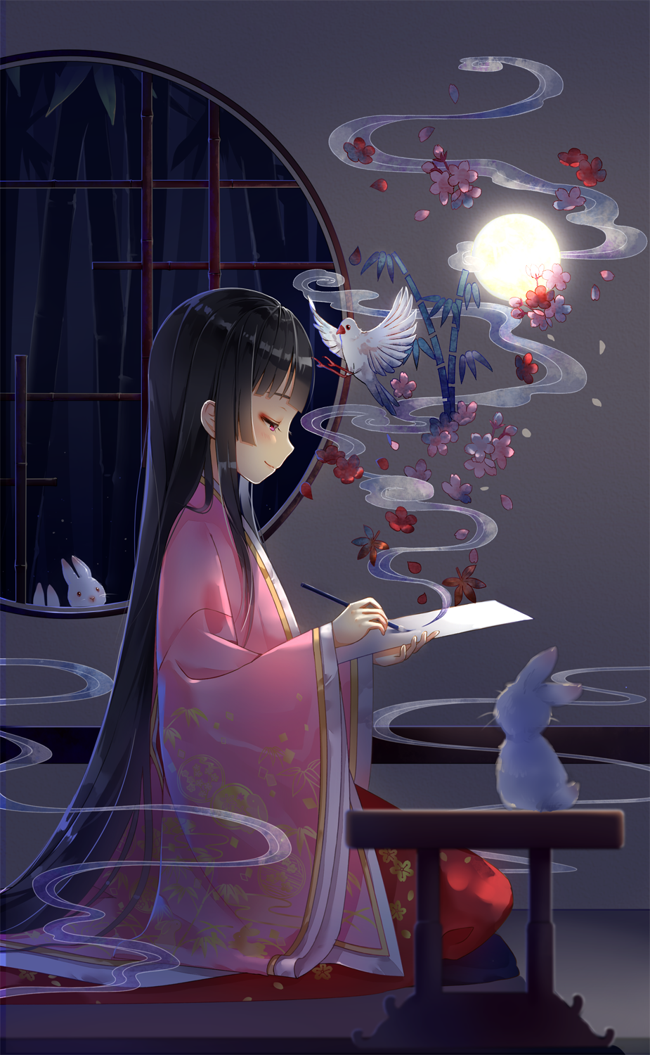 1girl bamboo bangs bird black_hair brush butterfly commentary drawing floral_print flower from_side full_body full_moon glowing half-closed_eyes highres hime_cut holding_brush hoshi_ame houraisan_kaguya indoors japanese_clothes kimono layered_clothing layered_kimono leaf long_hair long_sleeves looking_away looking_down maple_leaf moon paper petals rabbit round_window seiza sitting smile smoke touhou very_long_hair violet_eyes wide_sleeves window