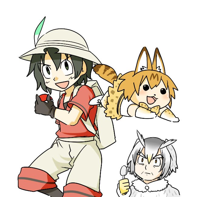 3girls animal_ears backpack bag bare_shoulders black_gloves black_hair blonde_hair bow bowtie bucket_hat buttons cat_ears cat_tail elbow_gloves eyebrows_visible_through_hair fur_collar fur_trim gloves hair_between_eyes hat hat_feather head_wings holding holding_poke_ball kaban kemono_friends long_sleeves multicolored_hair multiple_girls northern_white-faced_owl_(kemono_friends) open_mouth parody poke_ball pokemon serval_(kemono_friends) serval_ears serval_print serval_tail shirt short_hair shorts skirt sleeveless smile spoon t-shirt tagme tail wavy_hair white_hair wings