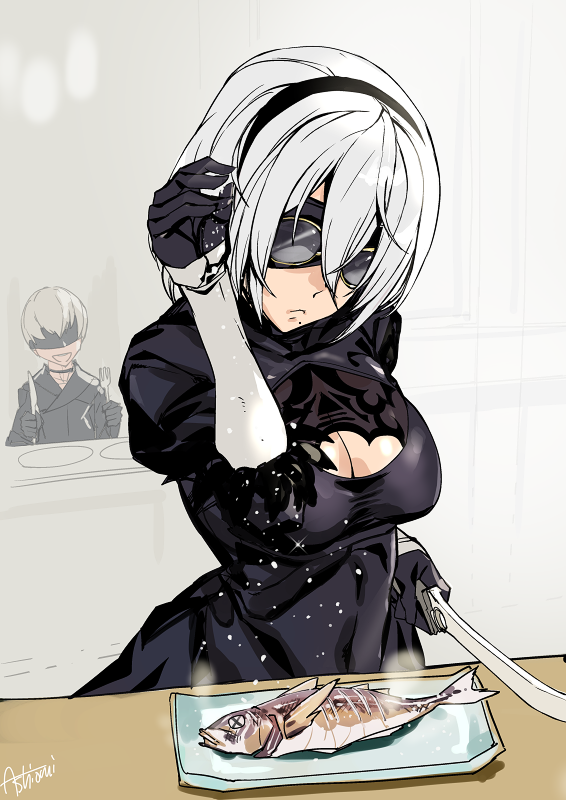 1boy 1girl :d ashiomi_masato bespectacled black_choker black_dress black_gloves black_hairband black_jacket blindfold breasts choker cleavage cleavage_cutout closed_mouth covered_eyes dress fish food fork glasses gloves hair_between_eyes hairband hand_up holding holding_fork holding_knife jacket juliet_sleeves kitchen_knife knife long_sleeves medium_breasts meme nier_(series) nier_automata open_mouth parody plate puffy_sleeves ribbed_dress salt salt_bae_(meme) short_hair signature silver_hair sitting smile turtleneck upper_body weapon white_hair yorha_no._2_type_b yorha_no._9_type_s