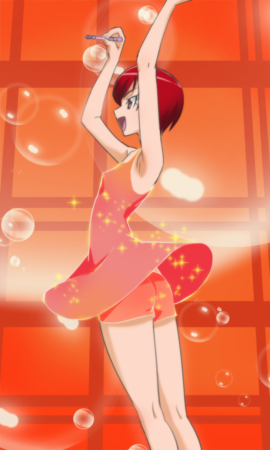 1girl :d armpits arms_up dress haruyama_kazunori kenjou_akira kirakira_precure_a_la_mode open_mouth precure profile red_dress red_eyes red_shorts redhead short_hair shorts smile solo transformation