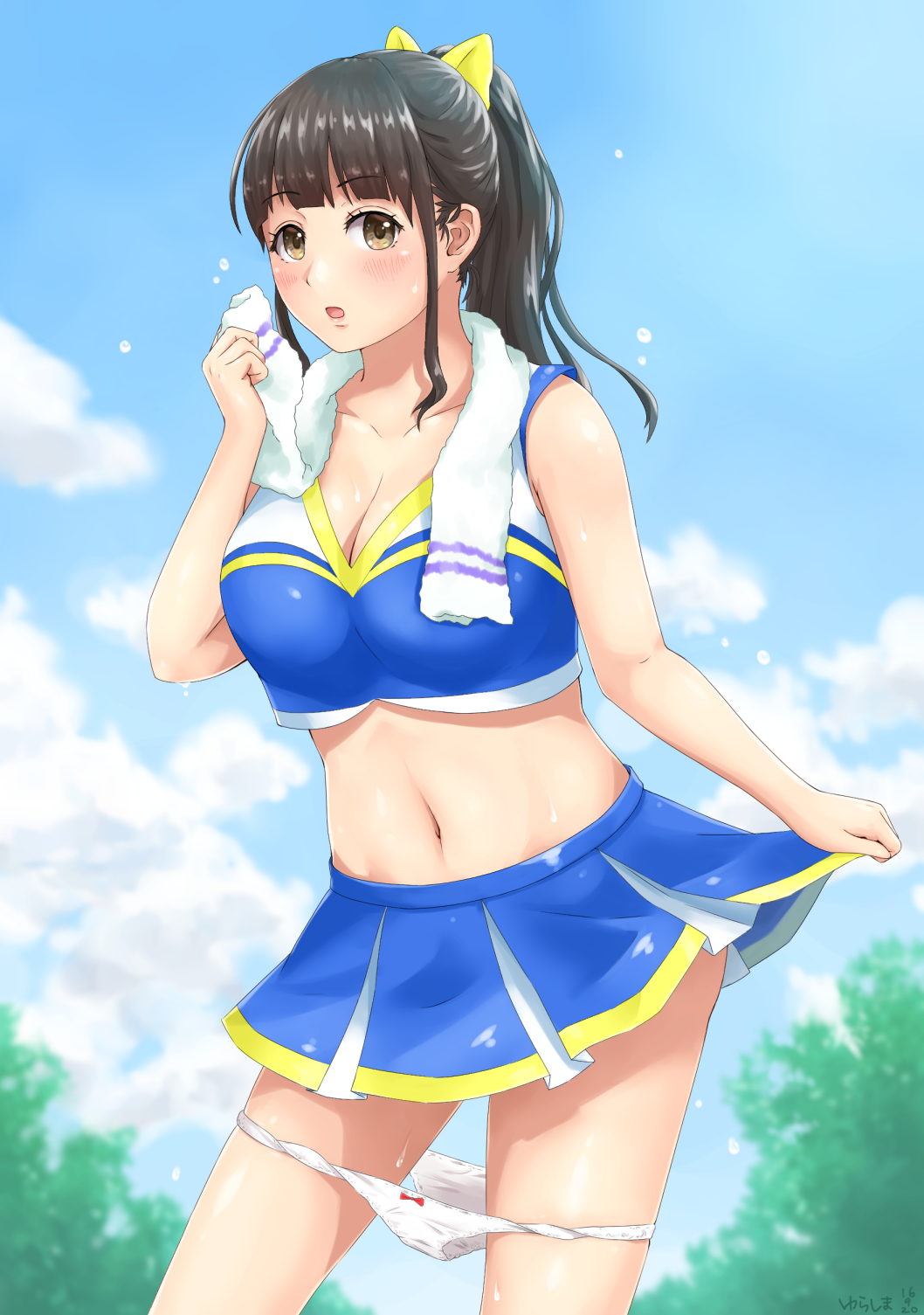 1girl :o bangs black_hair blue_skirt blue_sky blunt_bangs blush bow bow_panties breasts brown_eyes cheerleader cleavage clouds cloudy_sky contrapposto day dripping flying_sweatdrops hair_bow hand_up highres hips holding_skirt large_breasts long_hair looking_at_viewer midriff navel open_mouth original outdoors panties panty_pull ponytail sidelocks skirt sky solo sweat sweating towel towel_around_neck underwear white_panties yellow_bow yurashima