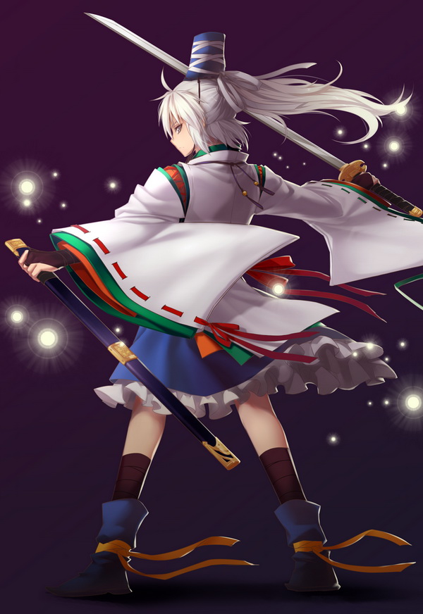 1girl black_legwear blue_shoes blue_skirt bridal_gauntlets frilled_skirt frills from_behind full_body glowing grey_eyes grey_hair hat holding holding_sheath holding_sword holding_weapon japanese_clothes kariginu langlang layered_clothing legs_apart long_ponytail looking_at_viewer looking_back mononobe_no_futo outstretched_arms ponytail red_ribbon ribbon ribbon-trimmed_sleeves ribbon_trim shoes simple_background skirt solo spread_arms standing sword tate_eboshi touhou unsheathed weapon wide_sleeves wind yellow_ribbon