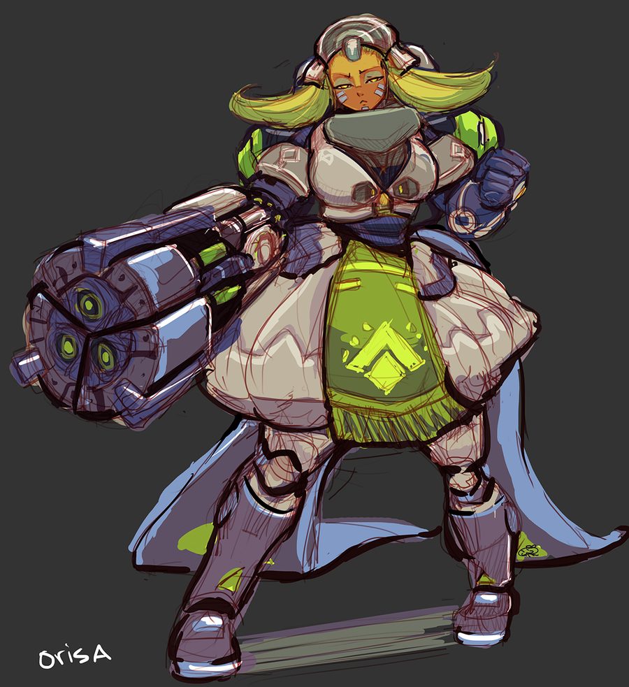 1girl arm_cannon breasts clenched_hand coattails cubu3 dark_skin eyeshadow full_body green_hair half-closed_eyes large_breasts makeup mecha_musume orisa_(overwatch) overwatch personification solo weapon whisker_markings yellow_eyes