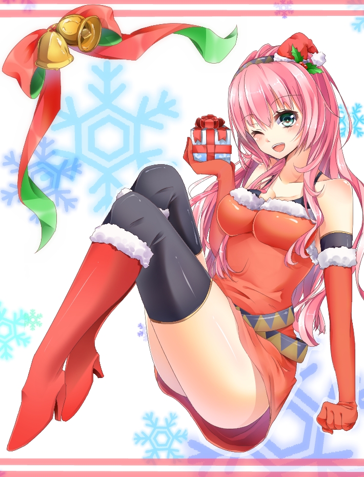 1girl bare_shoulders bell blue_eyes blush breasts christmas cleavage elbow_gloves gift gloves green_ribbon hat headband high_heels jiiwara long_hair looking_at_viewer megurine_luka one_eye_closed open_mouth pink_hair red_ribbon ribbon santa_costume santa_hat sitting smile solo thigh-highs vocaloid