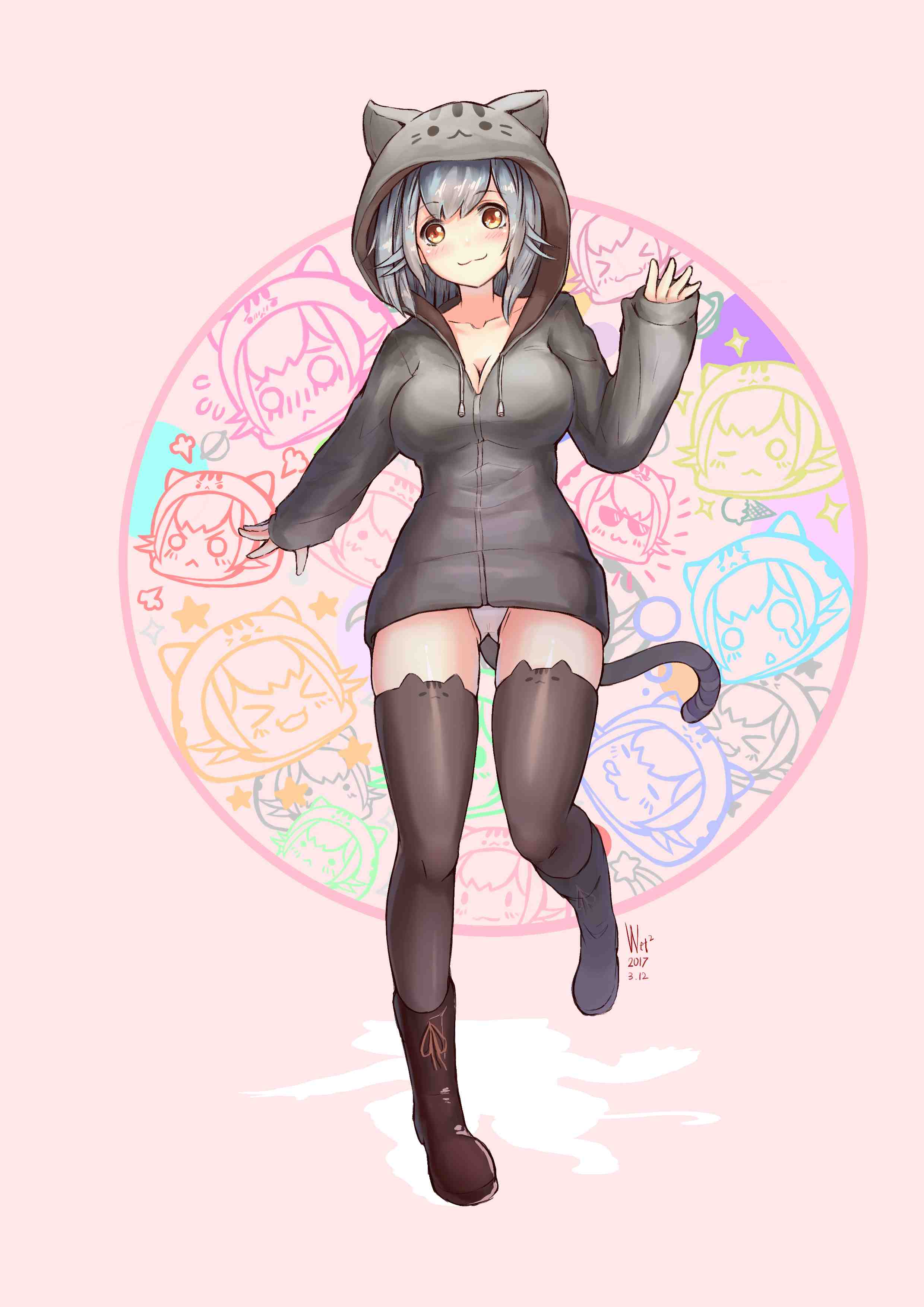 1girl :3 absurdres animal_hood bangs black_boots black_legwear boots breasts brown_eyes cat_hood cat_tail cleavage closed_mouth collarbone d-cao dated full_body gijinka grey_hair highres hood hoodie humanization long_sleeves looking_at_viewer medium_breasts original panties personification pusheen_the_cat pusheen_the_cat_(series) slit_pupils solo tail thigh-highs underwear white_panties