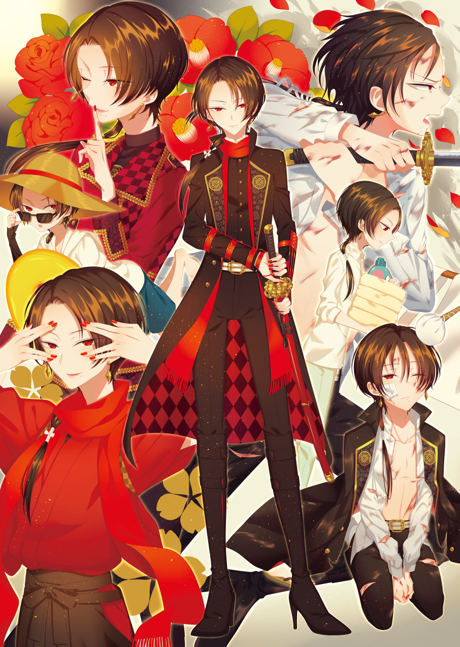 1boy bitikara blood blood_on_face bloody_clothes boots brown_hair camellia_(flower) earrings finger_to_mouth flower hat high_heel_boots high_heels highres jacket_on_shoulders japanese_clothes jewelry kashuu_kiyomitsu katana male_focus mole mole_under_mouth multiple_persona nail_polish one_eye_closed open_clothes open_mouth open_shirt pants petals ponytail ready_to_draw red_eyes red_nails red_rose rose scarf seiza sheath sheathed shirt sitting smile sun_hat sunglasses sword torn_clothes torn_pants touken_ranbu towel uchiko weapon