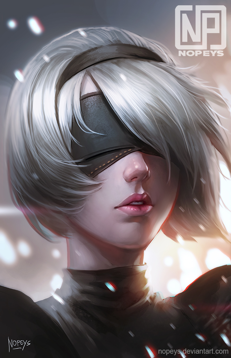 artist_name black_blindfold black_dress black_hairband blindfold chromatic_aberration deviantart_username dress hairband lips nier_(series) nier_automata norman_de_mesa nose parted_lips portrait teeth turtleneck watermark web_address yorha_no._2_type_b