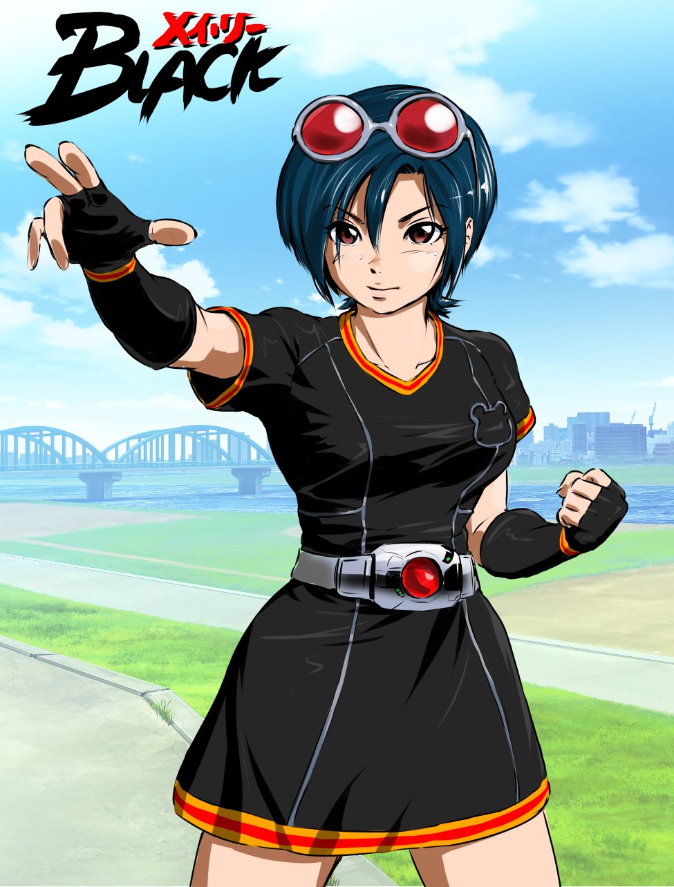 1girl alternate_costume belt blue_hair breasts brown_eyes eyewear_on_head fingerless_gloves glasses gloves highres kamen_rider kamen_rider_black kamen_rider_black_(series) legs mahha_warabi may_lee outstretched_hand pose short_hair skirt the_king_of_fighters thighs