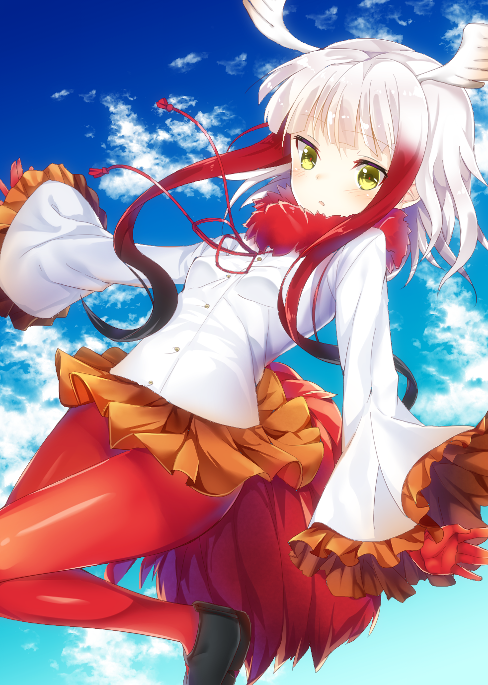 1girl artist_request bangs bird_tail blue_sky blunt_bangs crested_ibis_(kemono_friends) flying gloves head_wings highres kemono_friends long_sleeves looking_at_viewer medium_hair miniskirt multicolored_hair orange_skirt pantyhose pleated_skirt red_gloves red_legwear shirt silver_hair skirt sky solo two-tone_hair user_xeud4548 white_shirt yellow_eyes