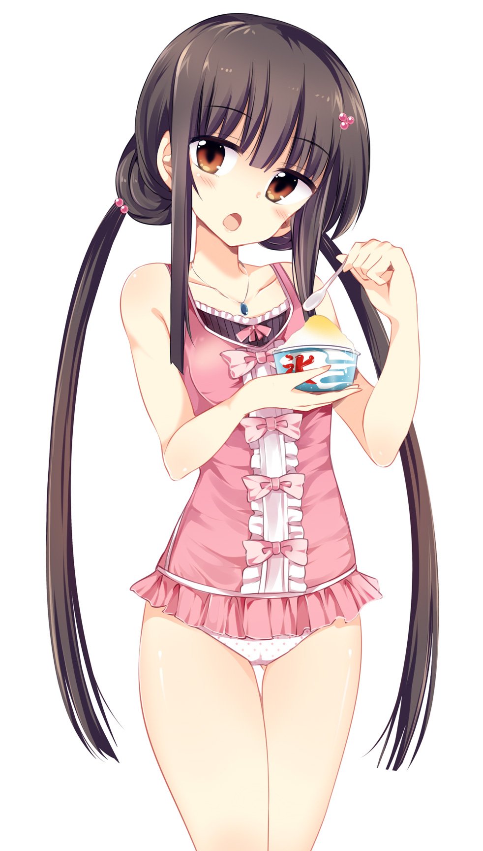 1girl alternate_hairstyle bangs black_hair brown_eyes center_frills collarbone hair_bobbles hair_ornament head_tilt highres houraisan_kaguya jewelry long_hair looking_at_viewer low_twintails maturiuta_sorato one-piece_swimsuit open_mouth pendant pink_swimsuit polka_dot shaved_ice simple_background solo spoon standing swimsuit touhou twintails very_long_hair white_background