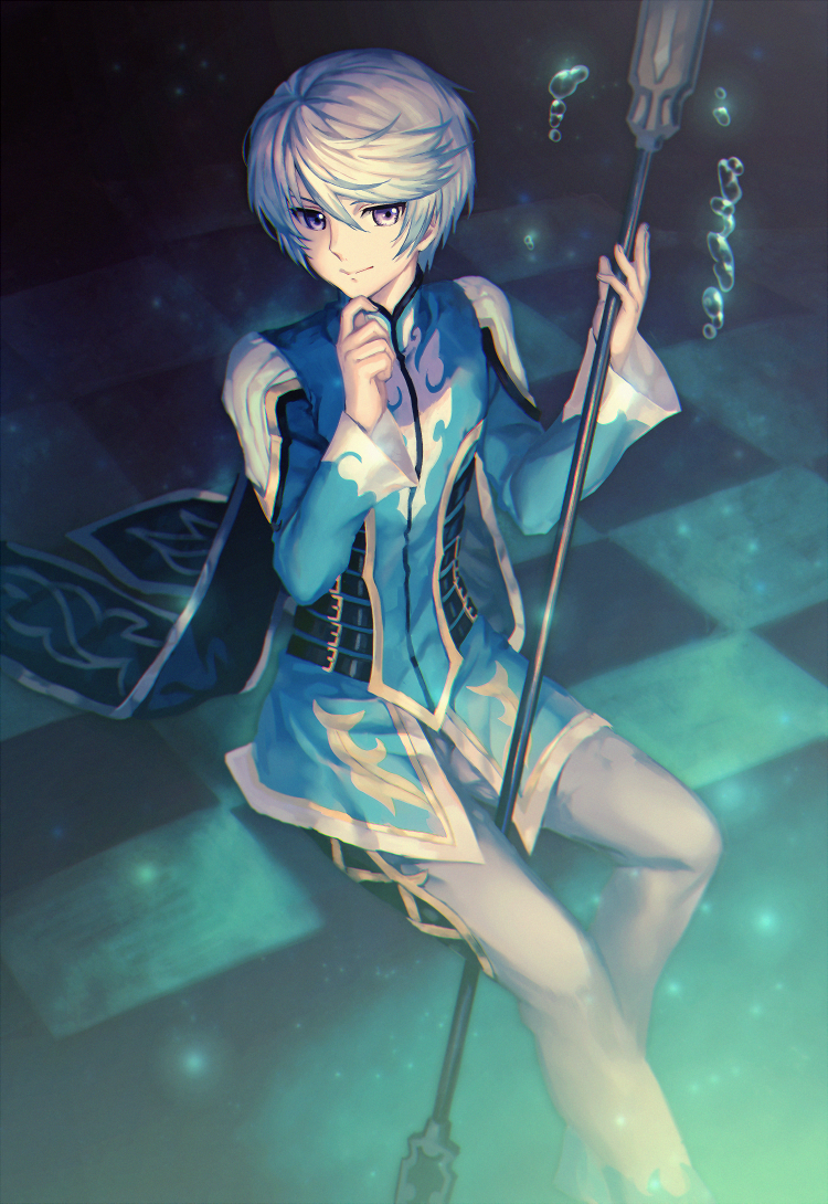 1boy checkered checkered_floor grey_pants hair_between_eyes holding holding_staff looking_at_viewer mikleo_(tales) pants shigaraki_(strobe_blue) silver_hair sitting smile staff tales_of_(series) tales_of_zestiria violet_eyes