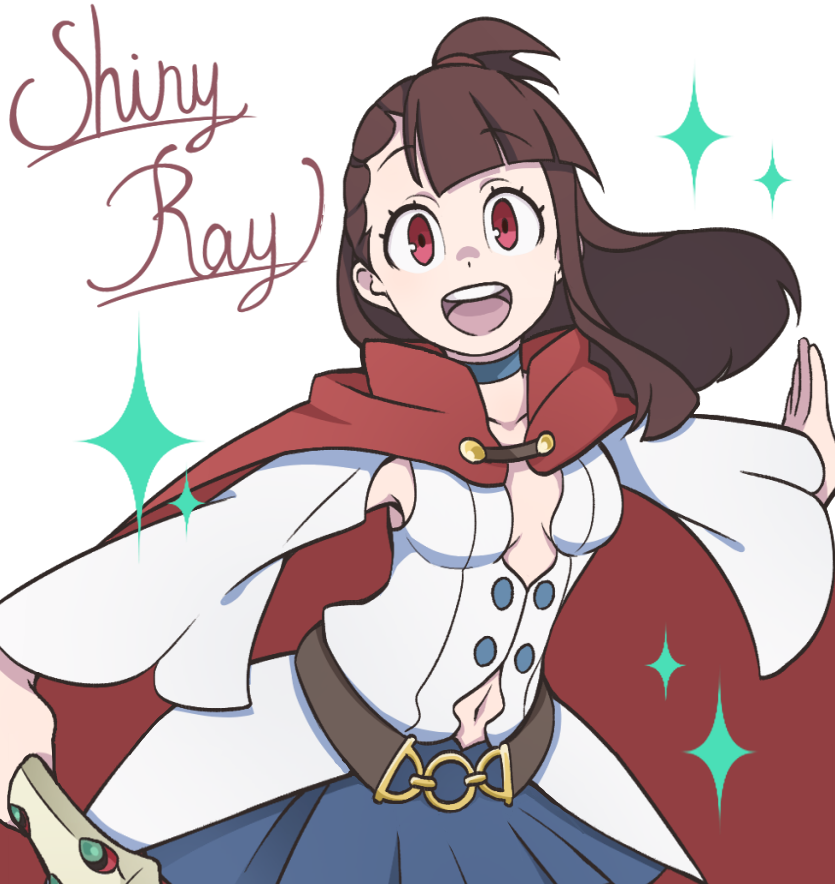 1girl :d breasts cape cleavage cosplay detached_sleeves kagari_atsuko little_witch_academia looking_at_viewer nakajima_asuka navel navel_cutout open_mouth red_eyes shiny_chariot shiny_chariot_(cosplay) shiny_rod smile solo sparkle