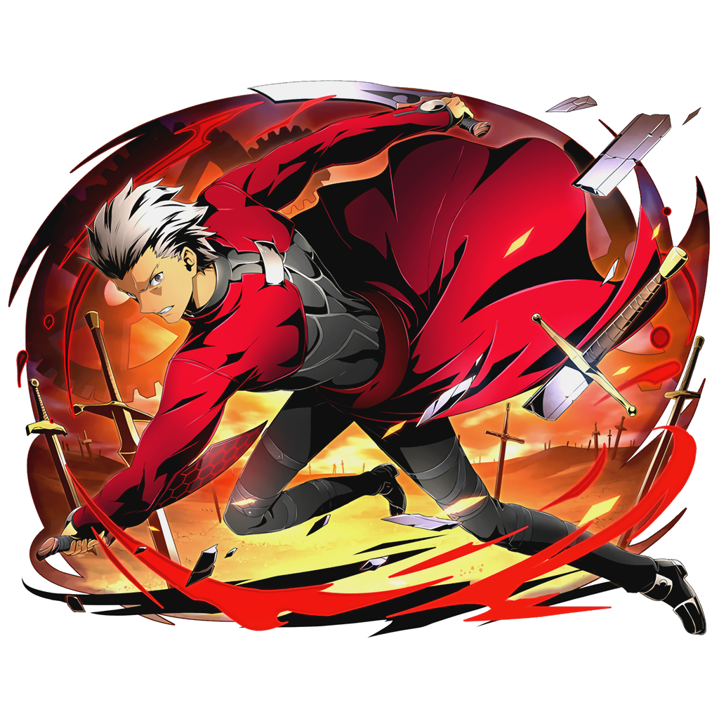 1boy archer black_pants brown_eyes clenched_teeth divine_gate dual_wielding fate/stay_night fate_(series) full_body holding holding_sword holding_weapon official_art pants silver_hair solo spiky_hair sword teeth transparent_background ucmm unlimited_blade_works weapon