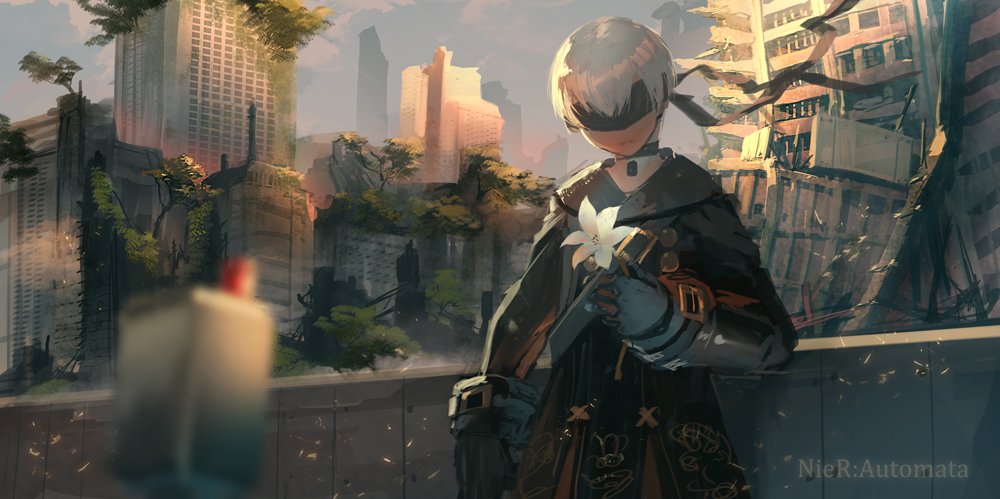 1boy aguy blindfold city flower gloves male_focus nier_(series) nier_automata pod_(nier_automata) short_hair solo white_hair yorha_no._9_type_s