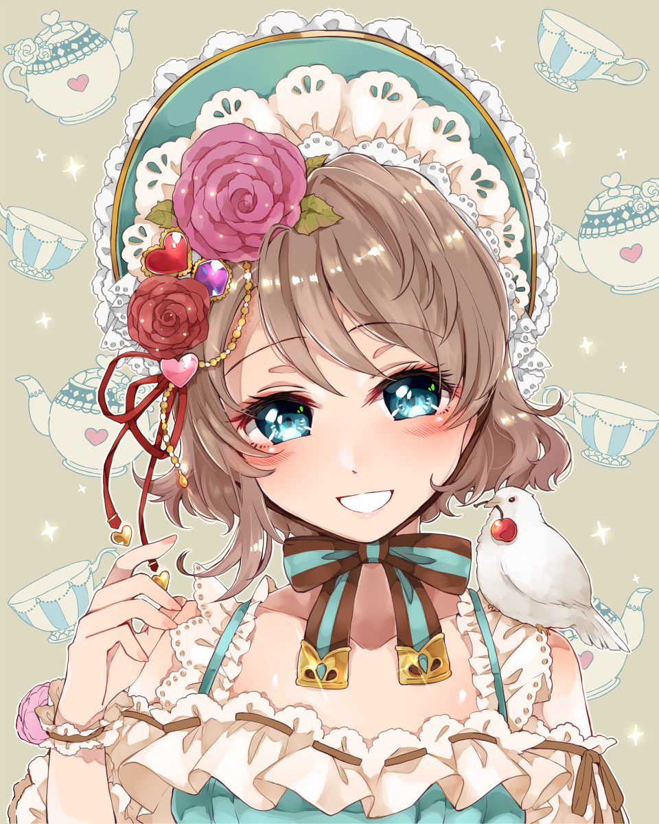 1girl animal animal_on_shoulder bangs bird_on_shoulder blue_eyes blush bonnet bow brown_hair cherry chin_strap collarbone cup detached_sleeves flower food frills fruit grey_background grey_hair grin hair_flower hair_ornament heart highres lace lace_trim lolita_fashion looking_at_viewer love_live! love_live!_school_idol_festival love_live!_sunshine!! outline pink_rose purin_(purin0) red_ribbon red_rose ribbon ribbon_trim rose short_hair smile solo sparkle striped striped_bow swept_bangs teacup teapot upper_body watanabe_you white_outline wrist_cuffs