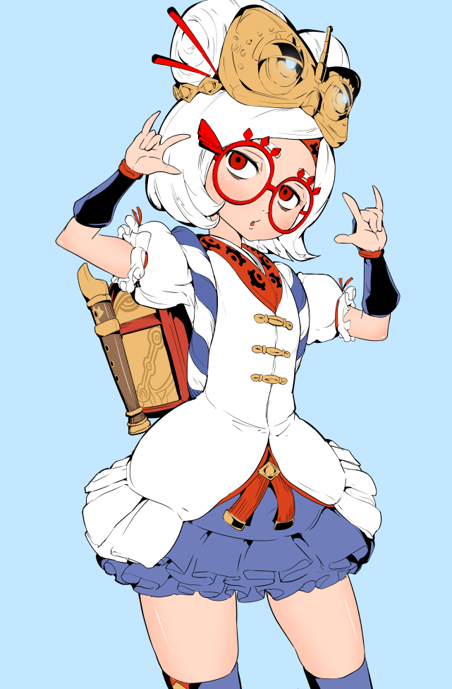 1girl :o backpack bag blue_background blue_legwear character_request dress glasses hair_ornament instrument open_mouth puffy_short_sleeves puffy_sleeves purah recorder red_eyes red_glasses short_hair short_sleeves simple_background solo sumiran_(sumiran56565656) the_legend_of_zelda the_legend_of_zelda:_breath_of_the_wild thigh-highs white_hair zettai_ryouiki
