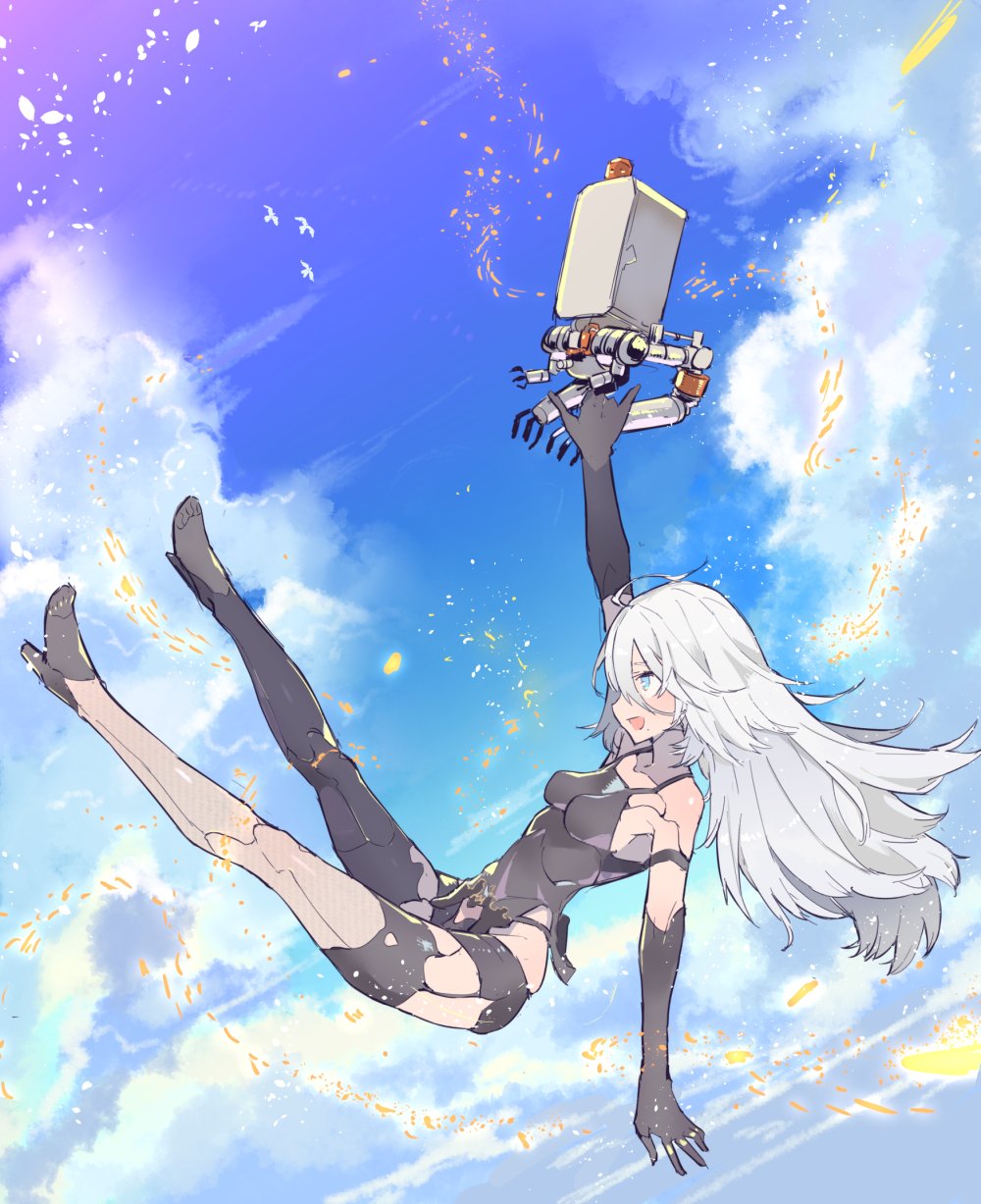 1girl :d ahoge arm_up bird black_gloves blue_sky blush breasts character_request clouds collarbone cyborg day elbow_gloves falling from_side full_body gloves hair_between_eyes high_heels highres light_particles long_hair machinery medium_breasts nier_(series) nier_automata open_mouth outdoors robot sideways_mouth silver_hair sky smile solo tajima_ryuushi very_long_hair