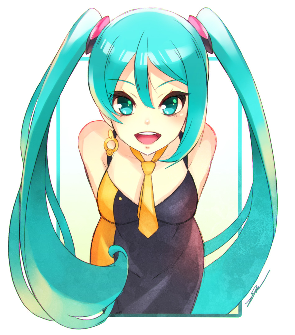 1girl :d aqua_eyes aqua_hair breasts cawang dress hatsune_miku long_hair looking_at_viewer necktie open_mouth sleeveless sleeveless_dress smile solo teeth twintails vocaloid