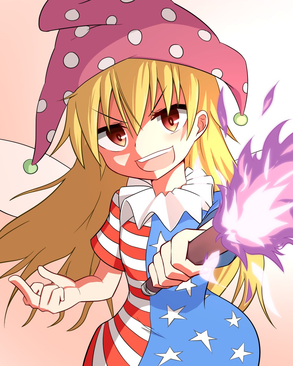 1girl american_flag_dress blonde_hair clownpiece dress fairy_wings fire hat highres jester_cap long_hair looking_at_viewer mega_yukke middle_finger neck_ruff open_mouth polka_dot red_eyes short_dress short_sleeves solo star star_print striped teeth torch touhou wings