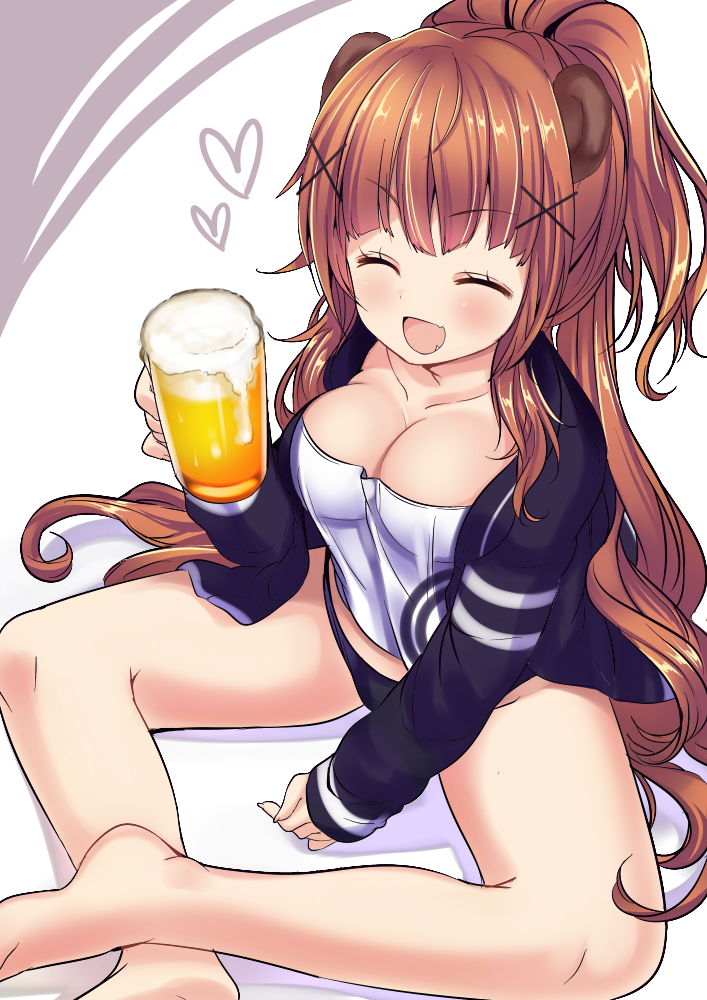 1girl :d ^_^ animal_ears bangs bear bear_ears beer_mug between_legs black_panties blush breasts brown_hair closed_eyes collarbone cup eyebrows_visible_through_hair fang hair_ornament hand_between_legs haruta_(806060) heart holding holding_cup indian_style jacket large_breasts long_hair looking_at_viewer mug open_clothes open_jacket open_mouth original panties personification ponytail sitting smile solo teeth thighs underwear very_long_hair wavy_hair x_hair_ornament